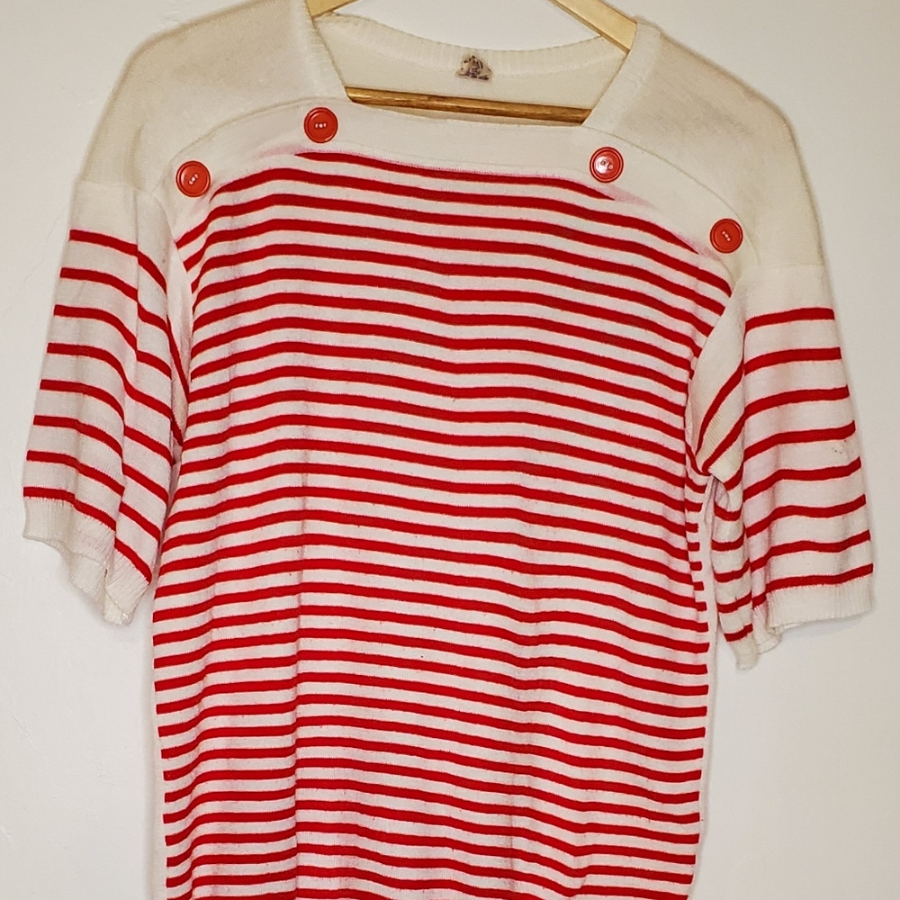 (Red &) White Stripes Red and White Striped Short Sleeve Knit Sweater Shirt - Picture 13 of 14